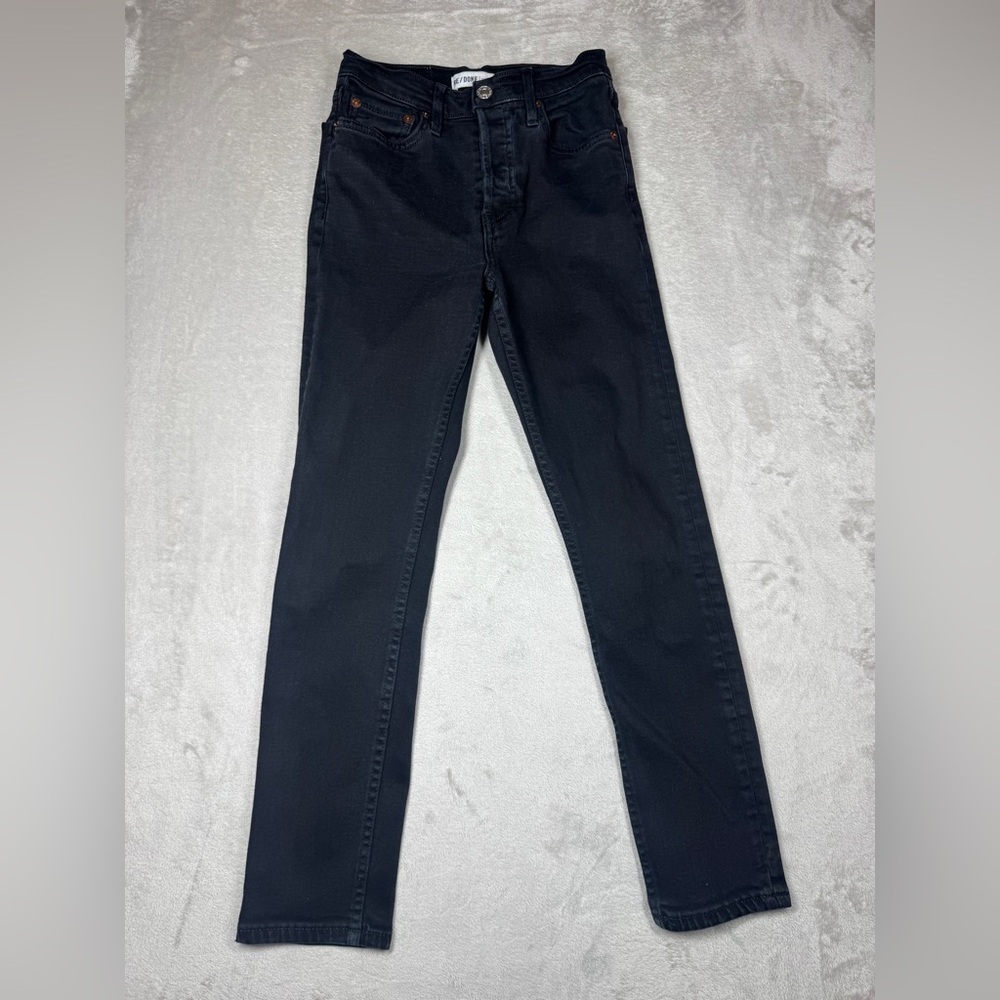 RE/DONE Originals High Rise Ankle Crop Black Denim Stretch Button Fly Jeans 24